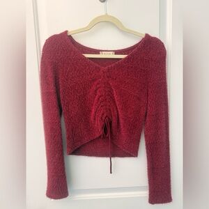 Altar'd State Women Sweater sz  Medium Burgundy Ruched Crop Deep V Gathered Tie